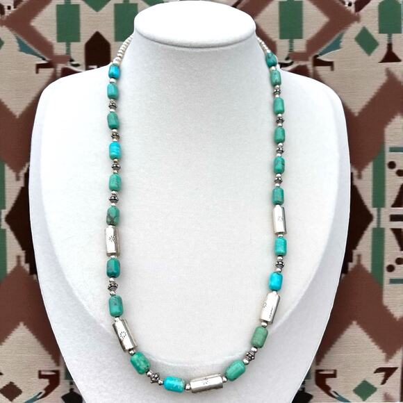 Vintage Navajo Sterling Silver & Turquoise Barrel Bead Necklace Hand-Stamped 18 - Picture 1 of 6